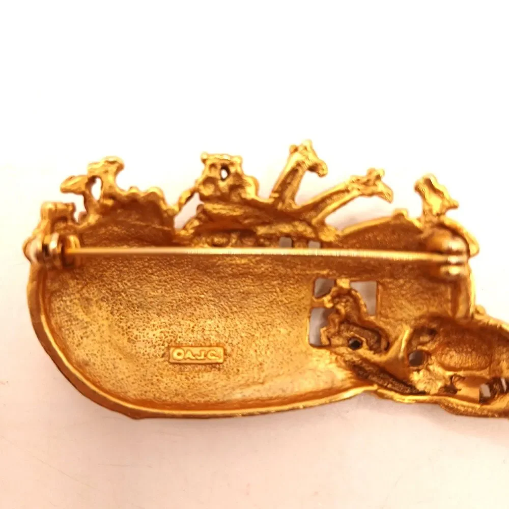Vintage Noah's Ark Brooch Pin Bible Religious Gold Tone Metal Signed AJC